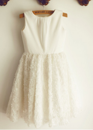 Ivory Cotton Rosette Knee Length Flower Girl Dress